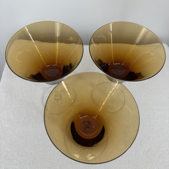 3 Vtg MARTINI GLASSES Blown Glass AMBER OMBRE Bowl Clear Swirl Stem MCM - Picture 3 of 6